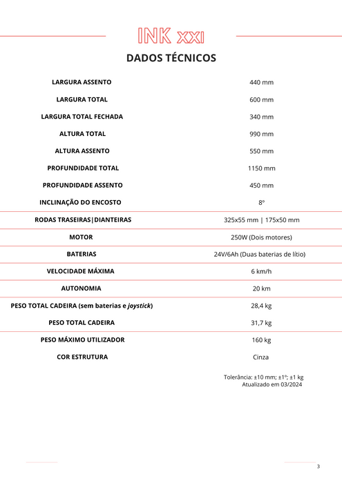 Cadeira de rodas Elétrica e Dobrável - INK XXI (160kg)