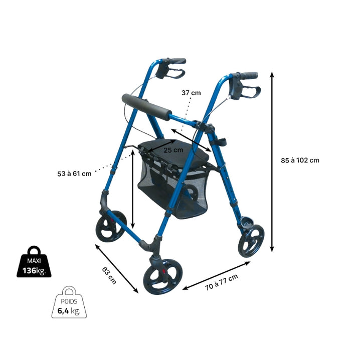 Walker with Seat and Bag - 4 wheels 