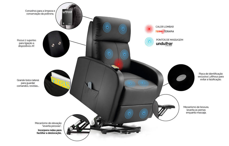 Poltrona Elétrica com Elevação - Com Massagem e Calor Lombar NEW PRESIDENT
